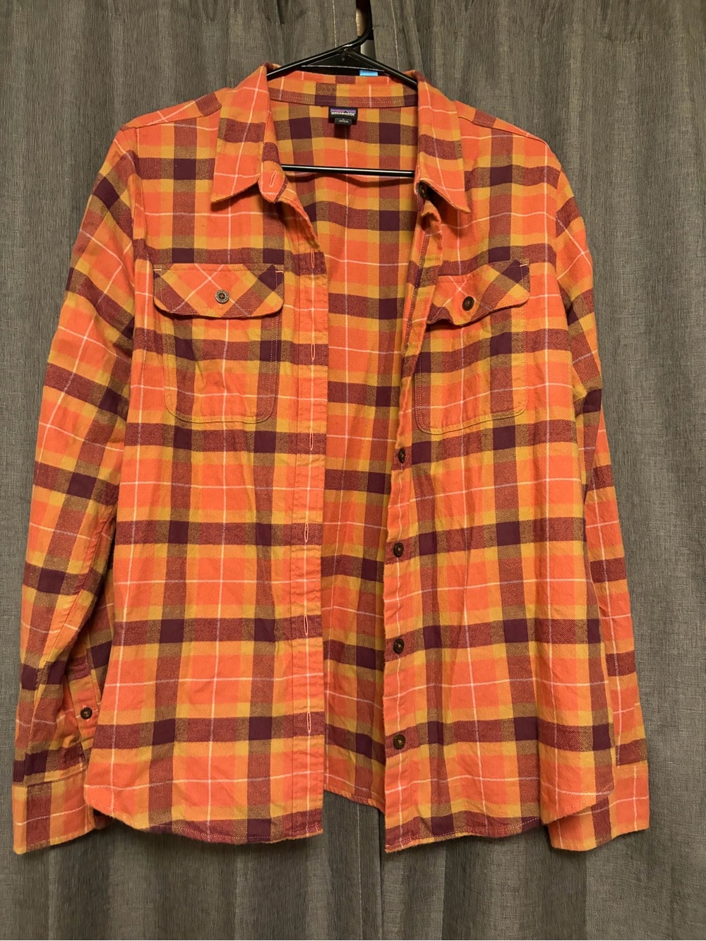 Patagonia Orange and Burgundy Plaid Flannel Shirt